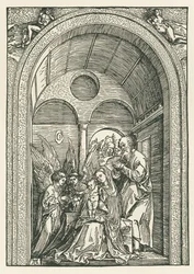 La Sainte Famille avec deux anges dans un portique, vers 1503-04 (gravure sur bois)