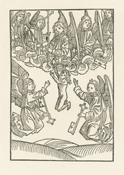 Les sept anges portant une croix et les six clés, avec lesquelles ils ont ouvert le ciel aux six œuvres de miséricorde, reçoivent une âme au ciel.
