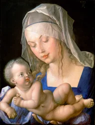 Vierge et enfant tenant une poire à moitié mangée