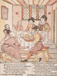 Un père maltraité par son fils (gravure sur bois colorée)