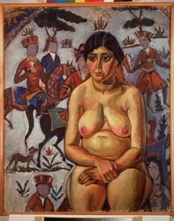 Femme nue devant un tapis persan