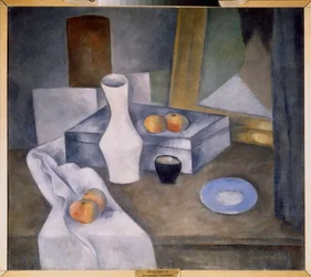 Nature morte avec pommes et soucoupe bleue
