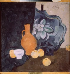 Nature morte avec un vase jaune et un bol blanc - Œuvre de Alexandre Chevtchenko (1883-1948), huile sur carton - Art russe