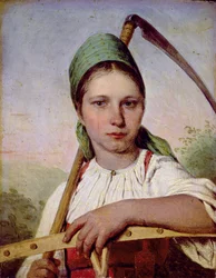 Paysanne avec une faux et un râteau, vers 1825