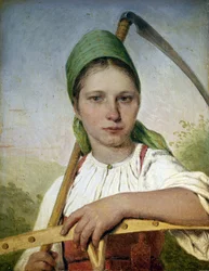Paysanne avec une faux et un râteau