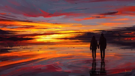 Promenade romantique au coucher du soleil sur la plage