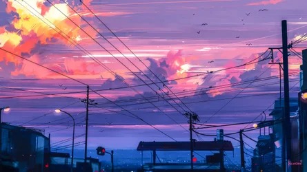 Coucher de soleil sur une ville animée