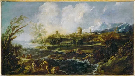 Paysage avec un homme et un cercueil au bord de la rivière ...