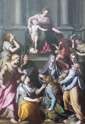 Madone en majesté avec Enfant, entourée de saints et de figures