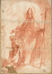 Évêque saint bénissant une mère et un enfant