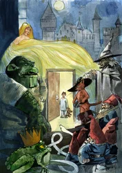 Un enfant regardant les personnages des contes de fées comme le Chat botté, une princesse et un crapaud, les Sept Nains