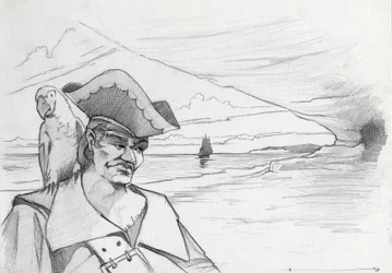Pirate des Caraïbes avec un perroquet cherchant un trésor dans une grotte sur une plage, avec un galion.