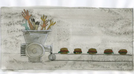 Société de consommation : production de malbouffe, hamburger fait avec des restes humains et animaux