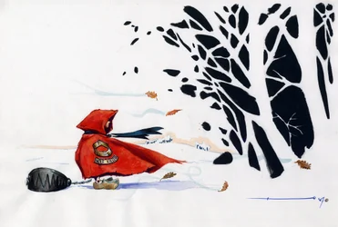 Fable du Petit Chaperon Rouge de Charles Perrault revisitée : le Petit Chaperon Rouge entrant dans la forêt avec un piège à loup très dangereux pour la bête