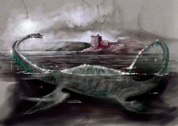 Monstres et créatures fantastiques, cryptozoologie : représentation de Nessie, le monstre du Loch Ness en Écosse - Dessin par Alessandro Lonati, 2012