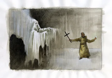 Combat entre un moine tenant un crucifix et un fantôme