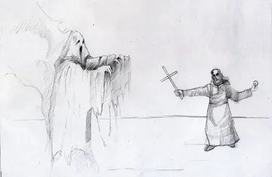 Combat entre un moine tenant un crucifix et un fantôme