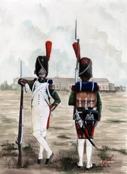 Premier Empire (1804-1814 et 1815) : soldats grenadiers de la Garde Royale de la Grande Armée Napoléonienne sur la place du Château Sforzesco à Milan, Italie