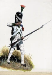 Premier Empire (1804-1814 et 1815) : soldat Velite de la grande armée napoléonienne en Italie ouvrant une cartouche
