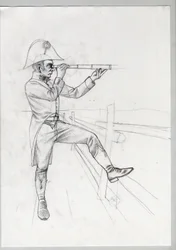 Premier Empire (1804-1814 et 1815) : soldat supérieur de la grande armée napoléonienne française en observation avec une longue vue. Dessin inachevé par Alessandro Lonati.