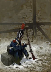 Premier Empire : grenadier de la garde en manteau assis dans la neige. Dessin par Alessandro Lonati