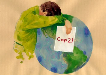 Avenir de la Terre, un homme en pleurs tenant entre ses mains le panneau de la COP21 (Conférence des Nations unies sur les changements climatiques de 2015), qui s