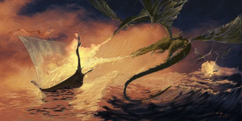 Créature légendaire : Dragon attaquant un drakkar (bateau viking) Dessin par Alessandro Lonati