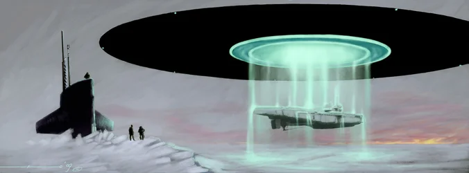 Rencontre au pôle Nord entre un sous-marin U-boot et une soucoupe volante (OVNI, UFO ou extraterrestre) pour la restitution d