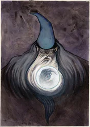 Sorcier avec boule invoquant un dragon.