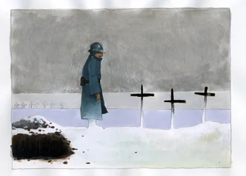 Première Guerre mondiale : un soldat français dans une tombe de guerre regardant les croix