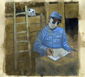 Première Guerre mondiale : un soldat français écrivant une lettre dans une tranchée, portant un masque à gaz