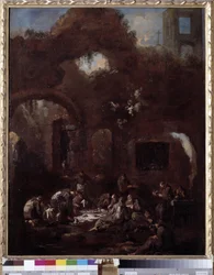 Frères capucins à table parmi les ruines
