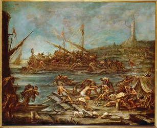 Embarquement des galériens dans le port de Gênes (peinture sur toile)
