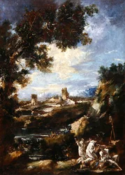 Paysage avec des Carmélites priant à un sanctuaire au bord de la route, vers 1720