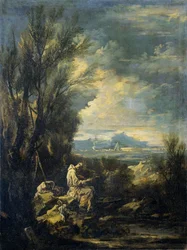 Paysage avec un saint