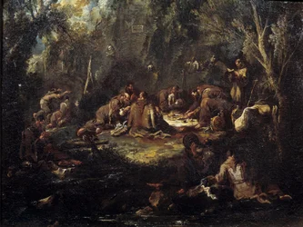 Scène de vie monastique Moines déjeunant, priant et lisant dans un sous-bois. Peinture par Alessandro Magnasco