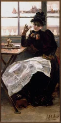 Une femme en noir, lisant le journal et sirotant une tasse de café dans un bistrot. Gênes, Galleria d