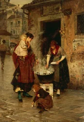 Vendeur de palourdes à Venise, par Alessandro Milesi (1856-1945), huile sur toile, 91x65 cm. Italie, 20ème siècle