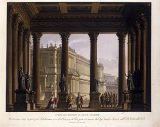 Scénographie par Alessandro Sanquirico (1777-1849) pour "La Clémence de Titus" de Wolfgang Amadeus Mozart (1756-1791) montée à La Scala de Milan en 1819 et représentant l