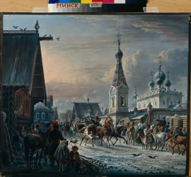 Traineaux de poste russe circulant dans une rue en hiver et saluant les habitants sur leur passage
