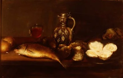 Nature morte de petit-déjeuner avec une cruche en grès, du poisson et des huîtres