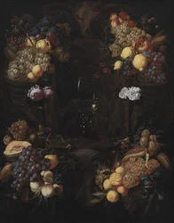 Cartouche avec guirlandes de fruits et un verre de vin