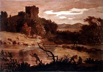 Paysage avec des hommes se baignant