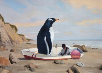 Scène de plage avec un pingouin géant