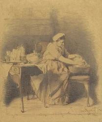 Femme assise, lavant de la vaisselle