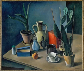 Grosses Stilleben mit Kruegen und roter Teedose, Nature morte avec cruches et théière rouge (peinture sur toile)