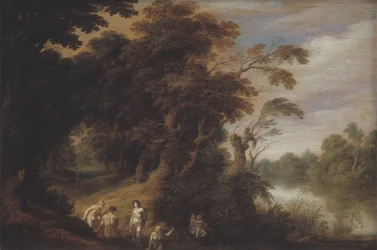 Paysage boisé avec des nymphes se baignant