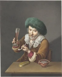 Homme assis avec un verre et une pipe