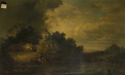 Paysage romantique avec chevaux buvant, fin 19e siècle