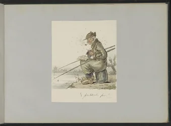 Homme pêchant, tricotant, fumant et lisant au bord de l